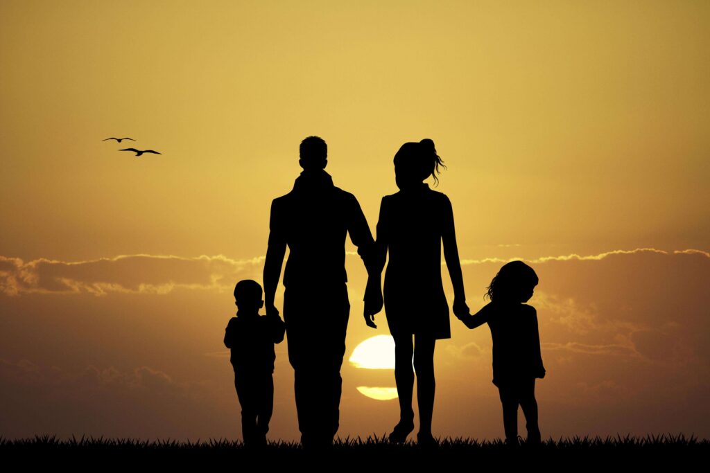 Silhouette of a family with two children walking hand in hand at sunset. Two birds fly in the sky.