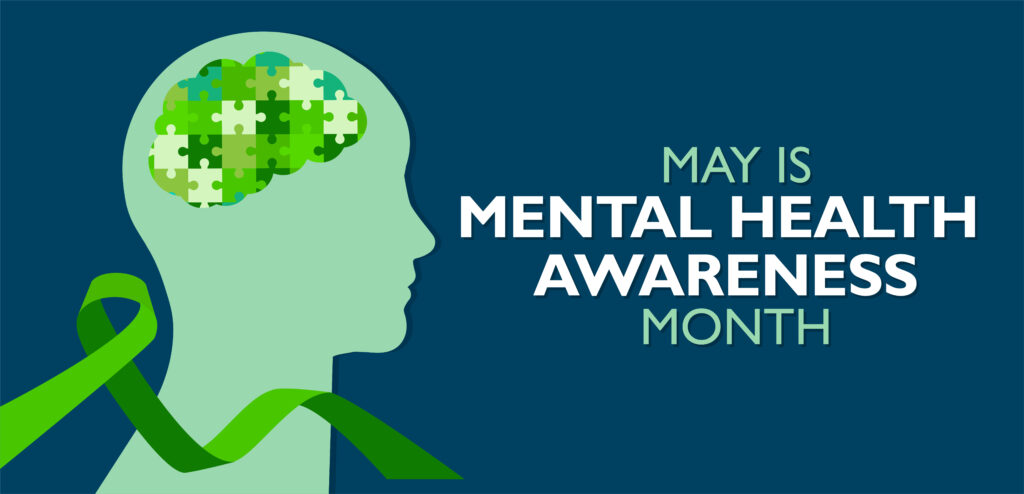 Silhouette of a head with a puzzle piece brain and a green ribbon, symbolizing mental health awareness. Text reads "May is Mental Health Awareness Month."